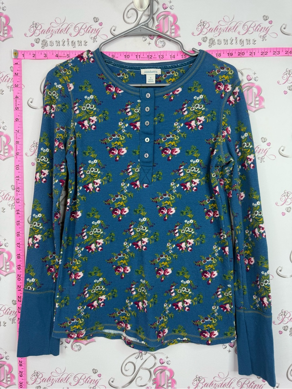 Sundance waffle knit top Teal Floral Henley Long Sleeve Top